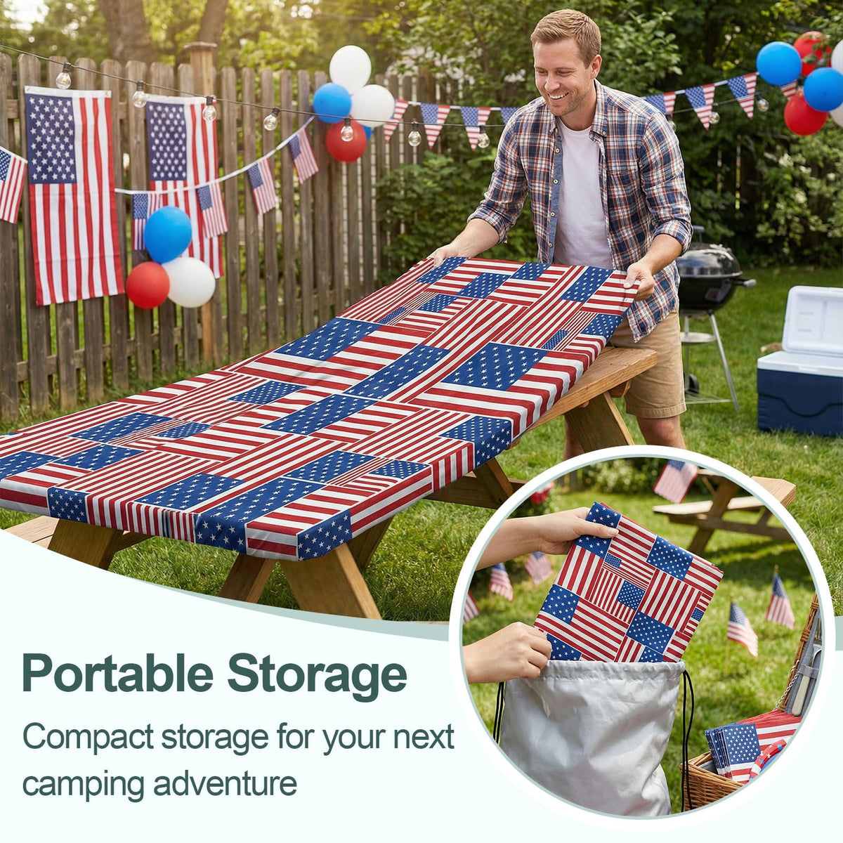 Picnic Table Cover with Bench Covers Camping Essentials Waterproof Windproof Camping Tablecloth with Drawstring Bag