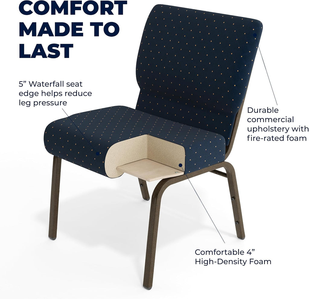 4 Pack HERCULES Series 21''W Stacking Church Chair in Navy Blue Dot Patterned Fabric - Gold Vein Frame