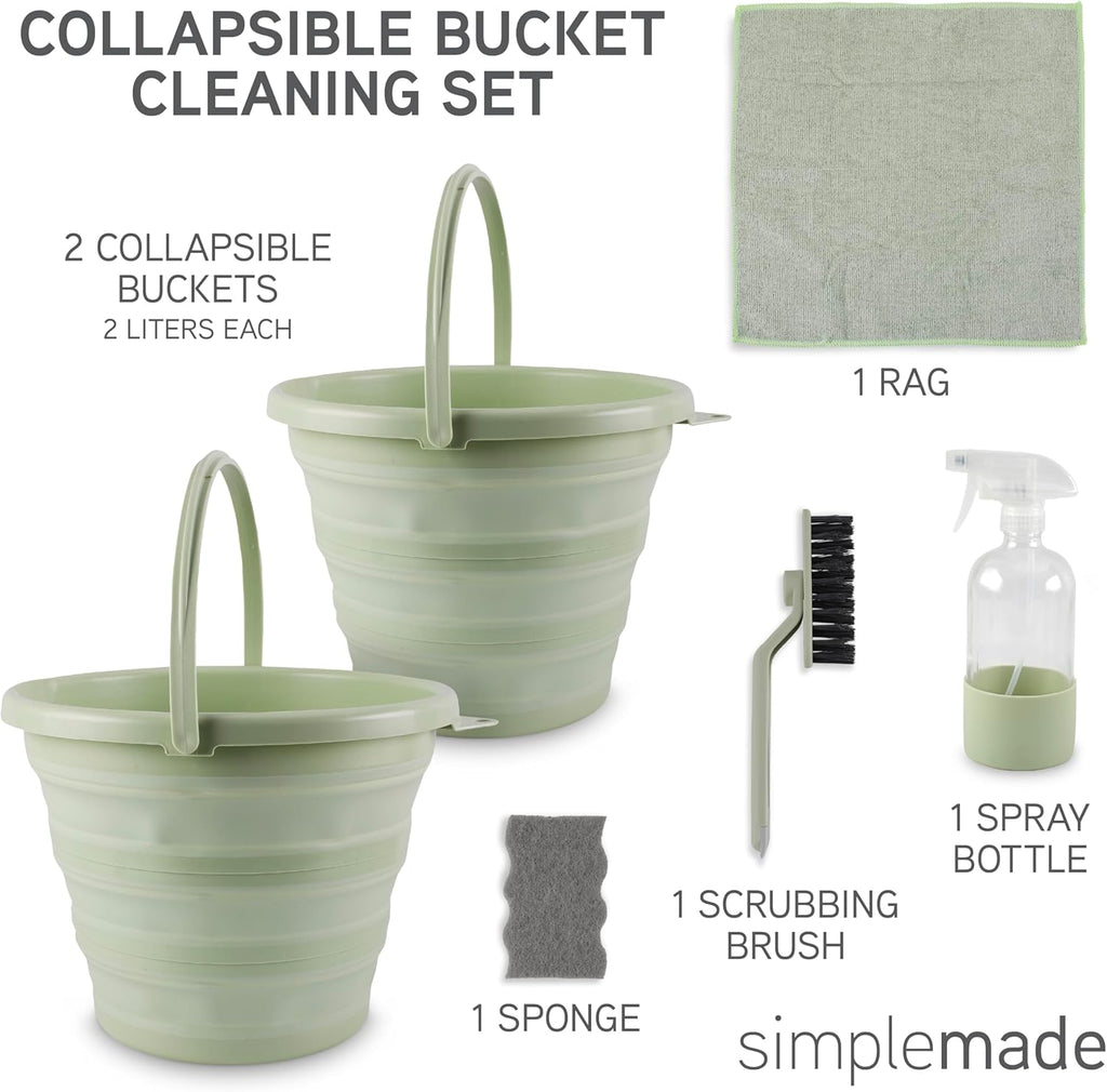 Collapsible Bucket Cleaning Set - Includes 2 Foldable Buckets, Spray Bottle, Rag, Scrubbing Brush and Sponge - Holds