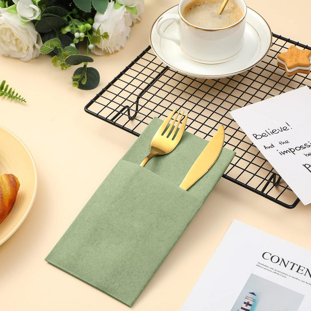 75 Pcs Sage Green Linen Dinner Napkins with Built in Flatware