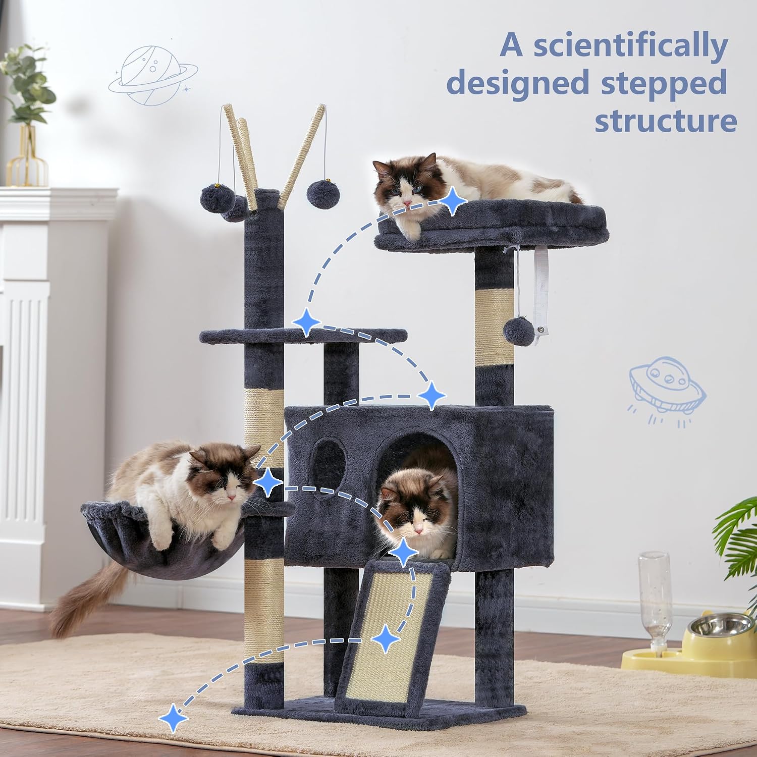 Cat Tree Tower, Scratching Posts with Removable Toys, Cozy Condo, Platform, Hammock, Sisal Scratch Board and Ball for
