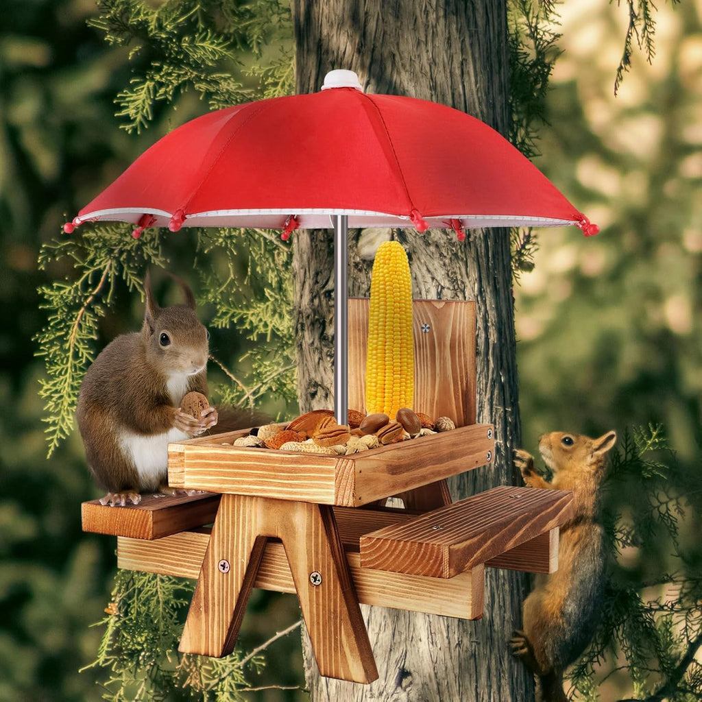 Gnodary Squirrel Feeder with Umbrella, Squirrel Feeders for Outside, Squirrel Picnic Table Feeder - Chipmunk Feeder