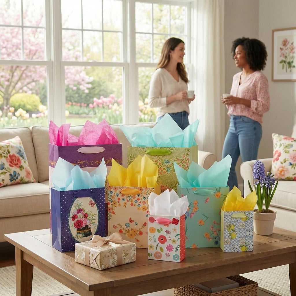 8 Pack Floral Kraft Gift Bags Assorted Sizes with Tissue Paper