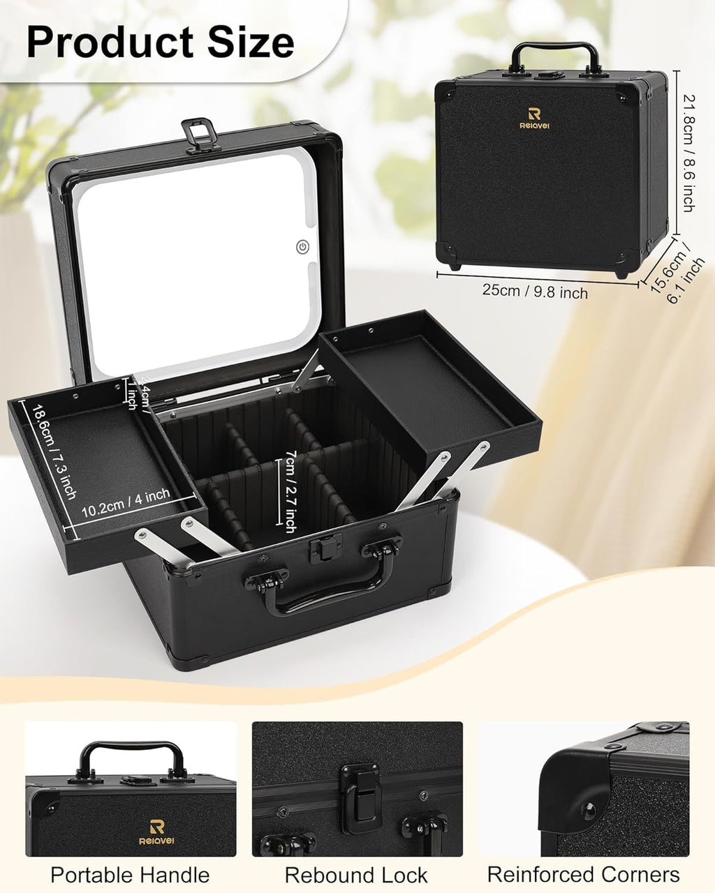 Makeup Bag with Mirror, Makeup Case Organizer with Brush Holder | Removable LED Mirror, Adjustable Dividers, Multiple