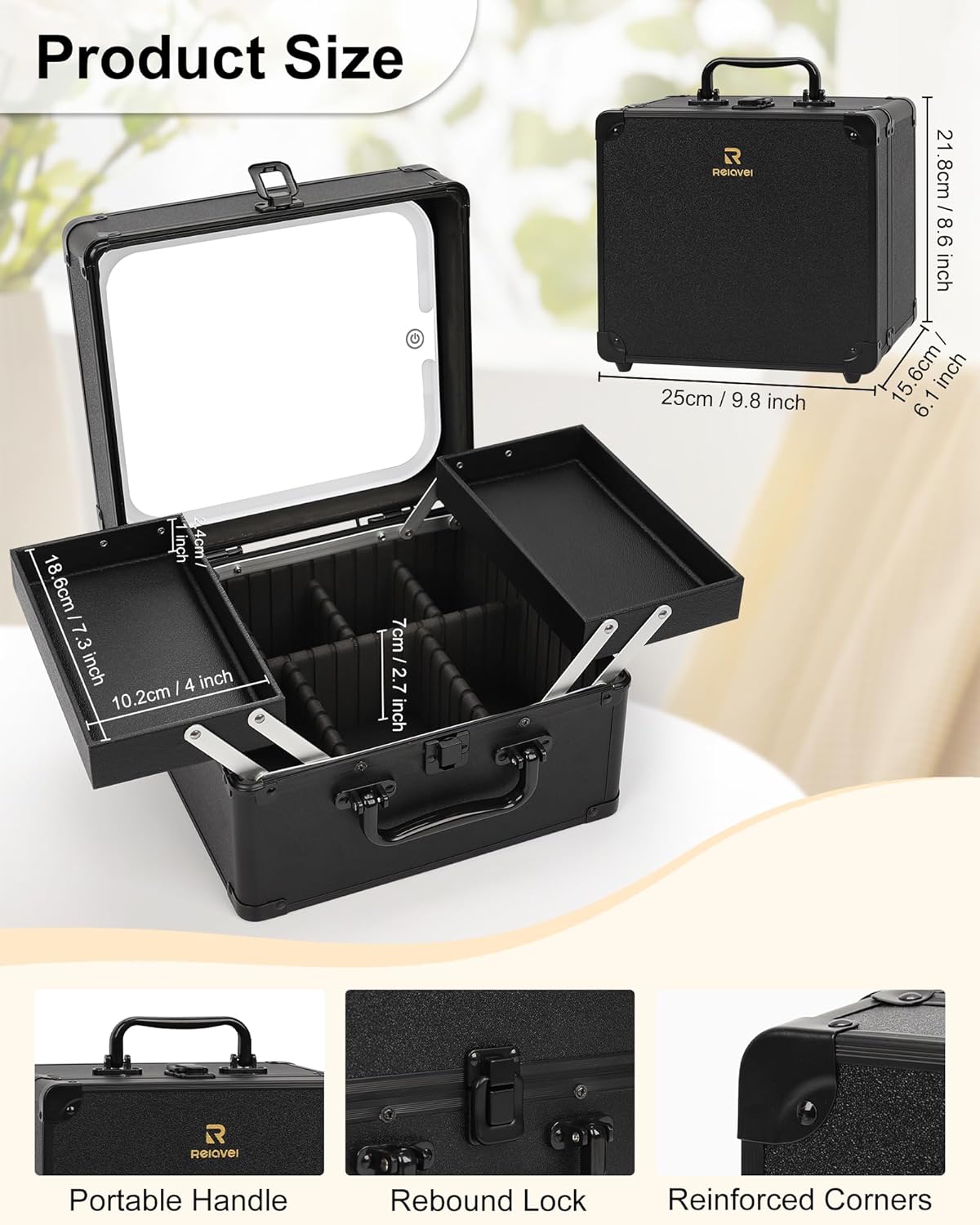 Makeup Bag with Mirror, Makeup Case Organizer with Brush Holder | Removable LED Mirror, Adjustable Dividers, Multiple