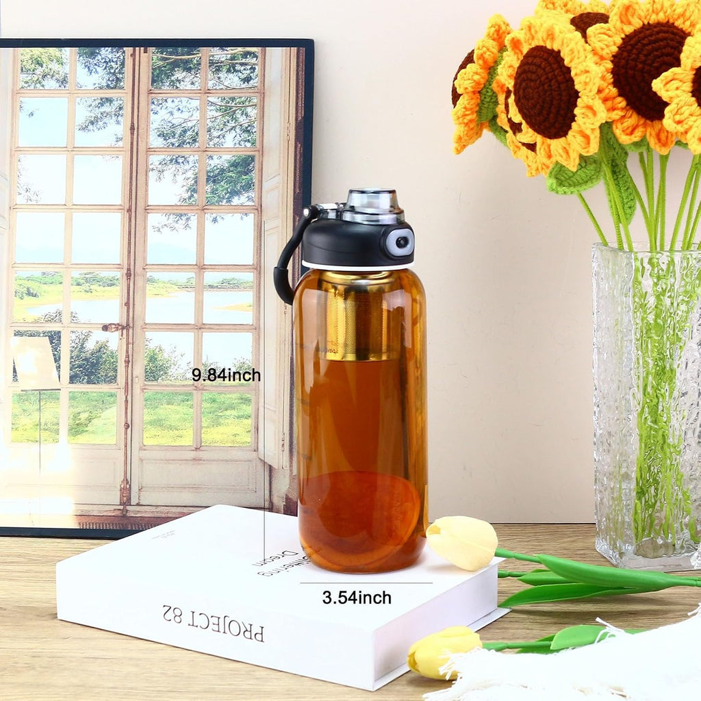 34oz tea bottle with infuser - Large Capacity Glass Water Bottle, With Time Mark, Stainless Steel Tea