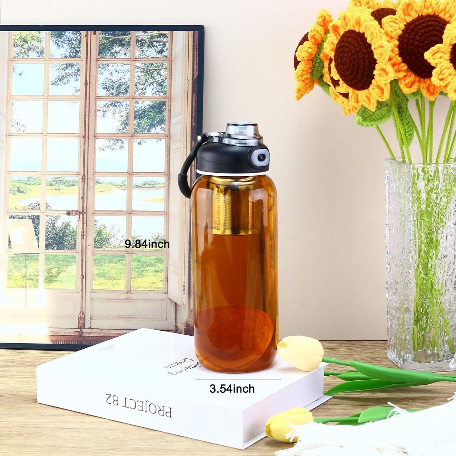 34oz tea bottle with infuser - Large Capacity Glass Water Bottle, With Time Mark, Stainless Steel Tea