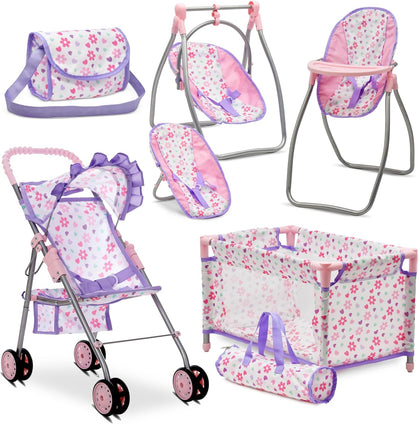 Baby Doll Stroller Bed and Swing Nursery Playset, Baby Doll Accessories Furniture Set Convertible High Chair Diaper