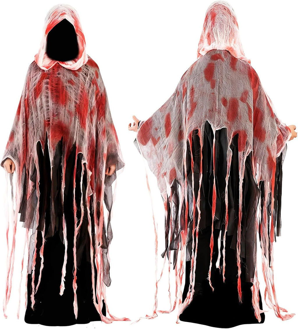 Halloween Horror Hooded Cloak Scary Ghost Tattered Bloody Robe Medieval Wizard Death Red Cape Vampire Cosplay Costume