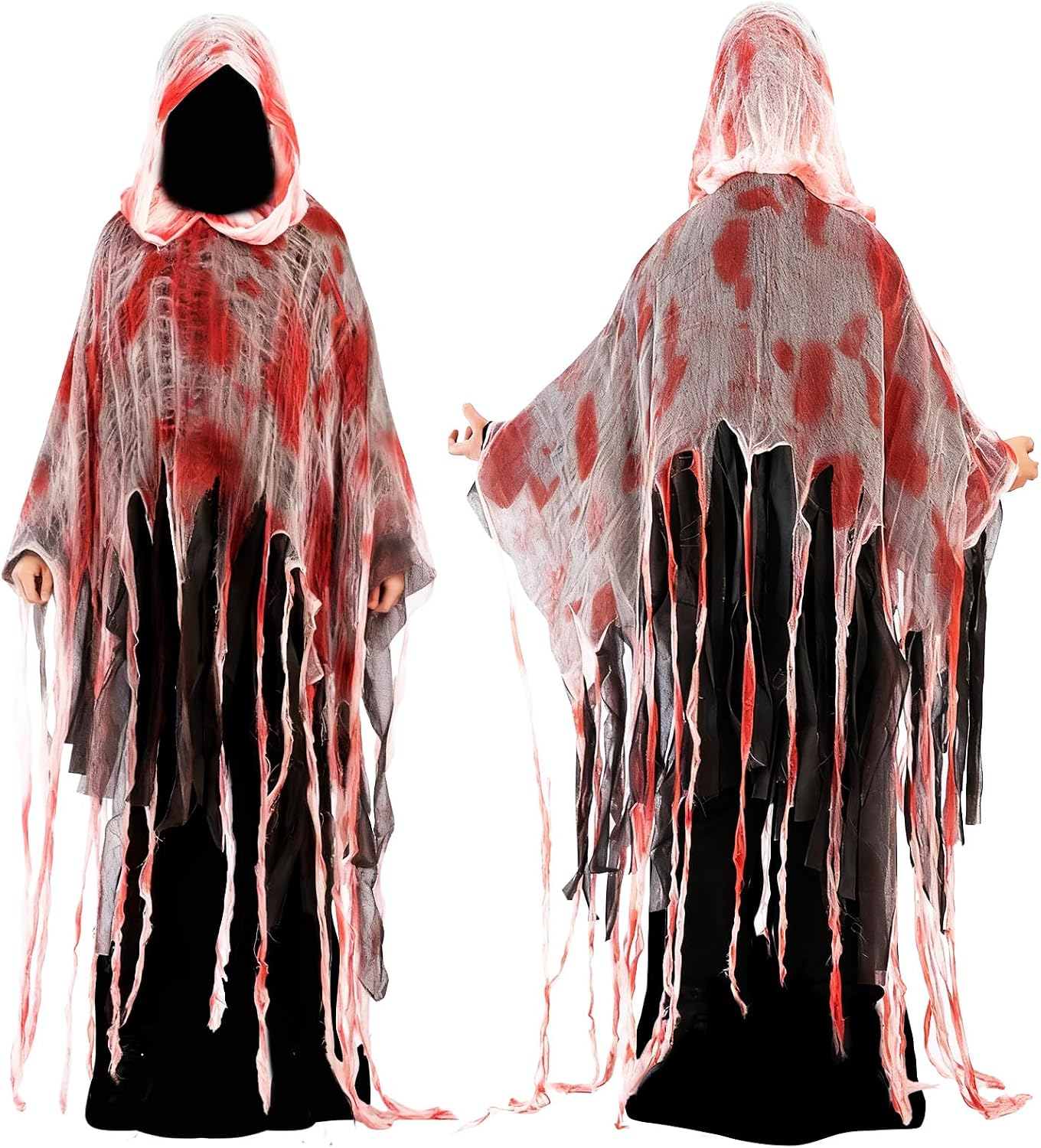 Halloween Horror Hooded Cloak Scary Ghost Tattered Bloody Robe Medieval Wizard Death Red Cape Vampire Cosplay Costume