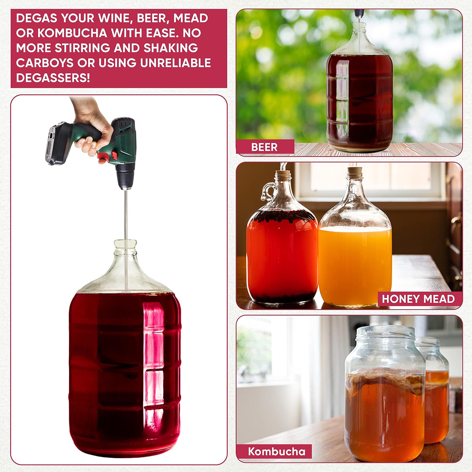 Wine Beer Degasser Whip for Wine Making | 15.5” Stainless Steel 316 - Drill Mixer Rod Attachment Wand | Winemaking