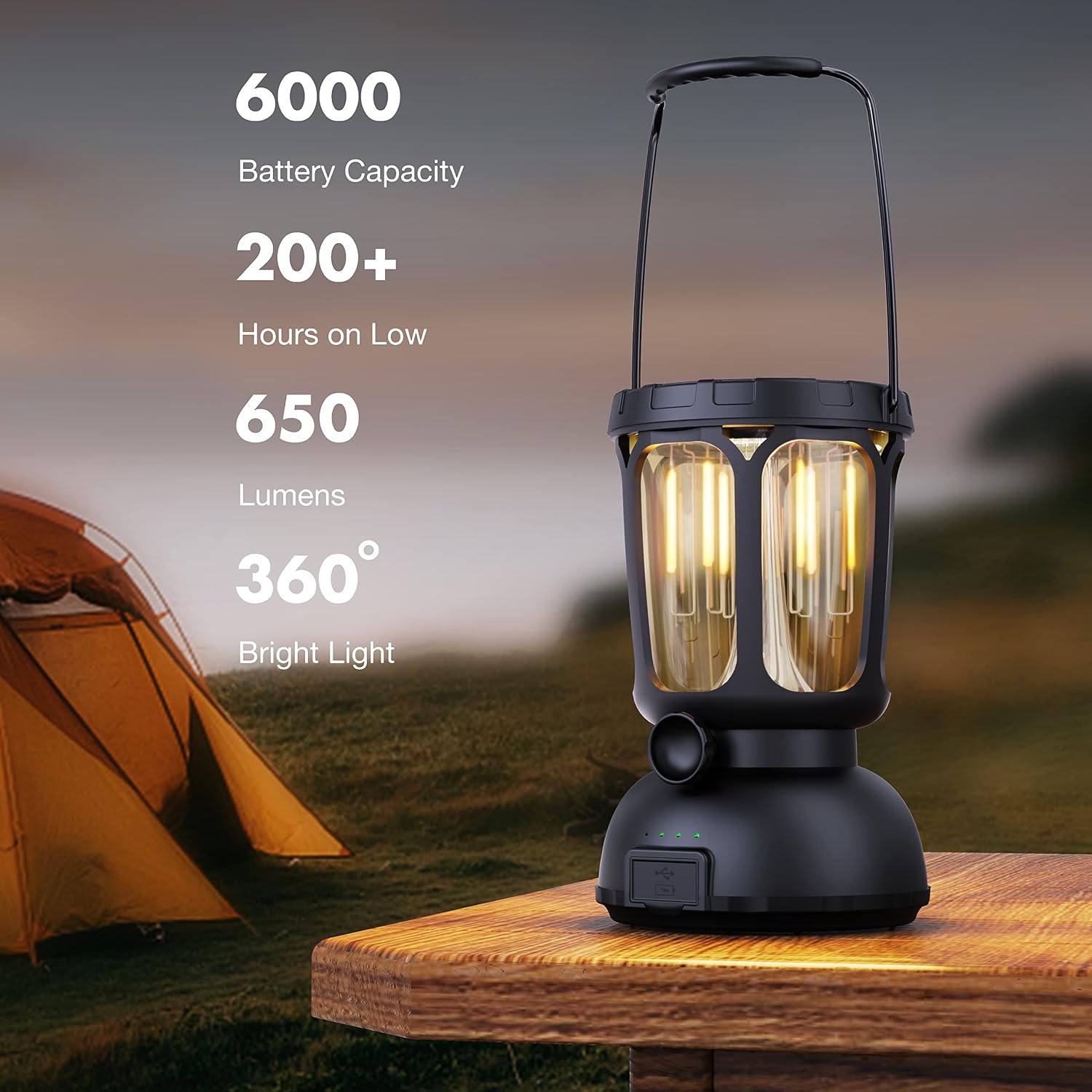 6000 LED Camping Lantern Rechargeable, 650LM Hand Crank Solar Camping Light, Portable Battery Powered Lantern for