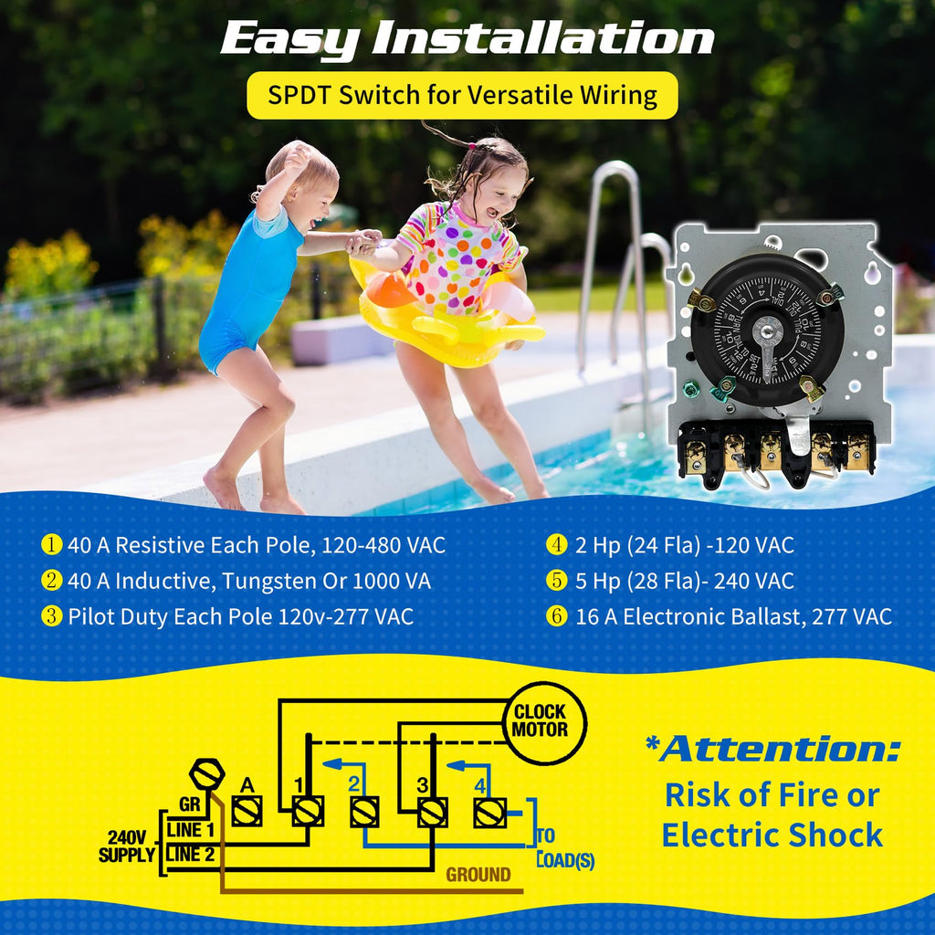 T104 Mechanical Timer Switch, Heavy Duty Electromechanical Outdoor Timer