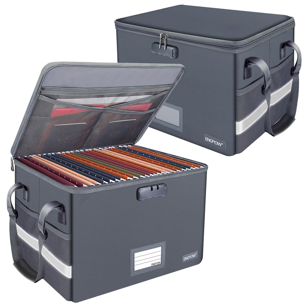 File Box with Lock, Fireproof Document Box with Pockets, Collapsible File Organizer Filing Storage Cabinet with