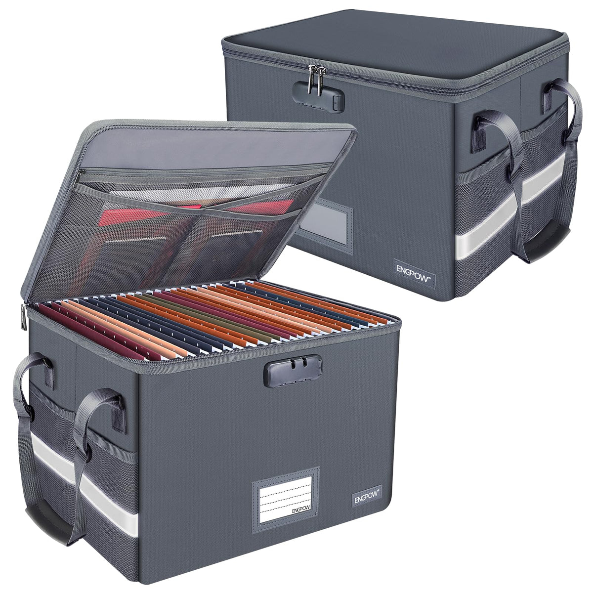 File Box with Lock, Fireproof Document Box with Pockets, Collapsible File Organizer Filing Storage Cabinet with