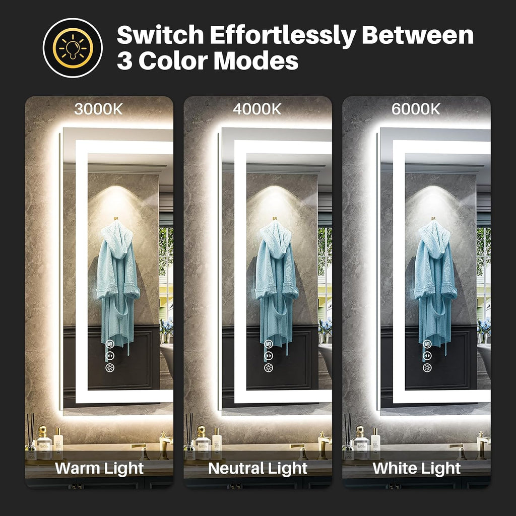 24x32 LED Bathroom Mirror, Dual Lit Anti-Fog Wall Vanity Mirror | 3 Color Dimmable, Memory Function, Shatter-Proof