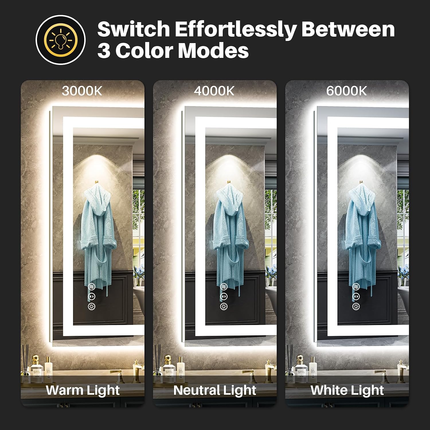 24x32 LED Bathroom Mirror, Dual Lit Anti-Fog Wall Vanity Mirror | 3 Color Dimmable, Memory Function, Shatter-Proof