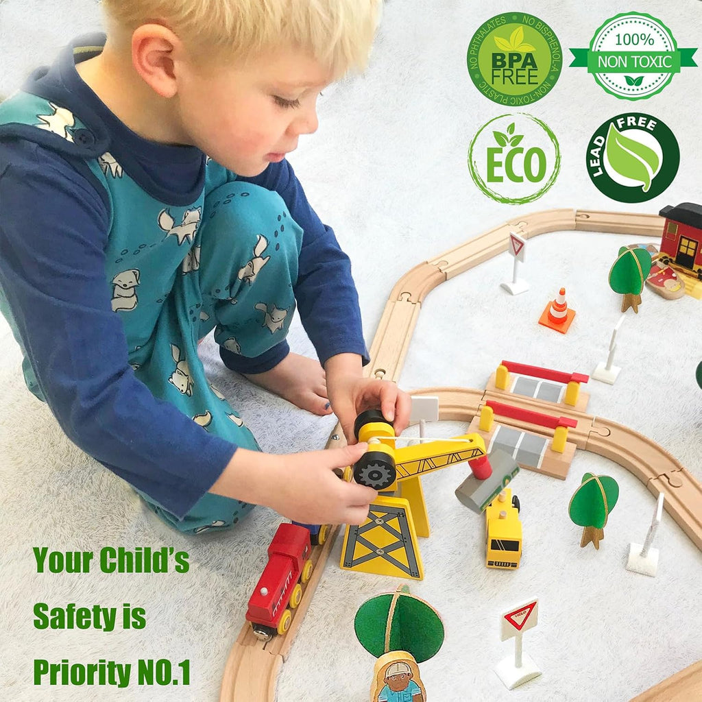 55PCS Wooden Train Set, Durable Wooden Railway Tracks | Compatible with Major Brand Tracks, Educational Toy for