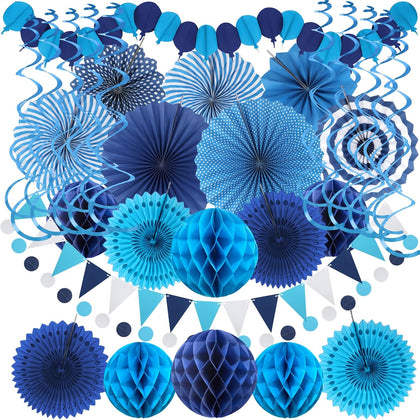Blue Party Decorations, Easy Assembly Paper Fan Honeycomb Ball Garland Hanging Swirl Navy Blue Party Supplies for Boy