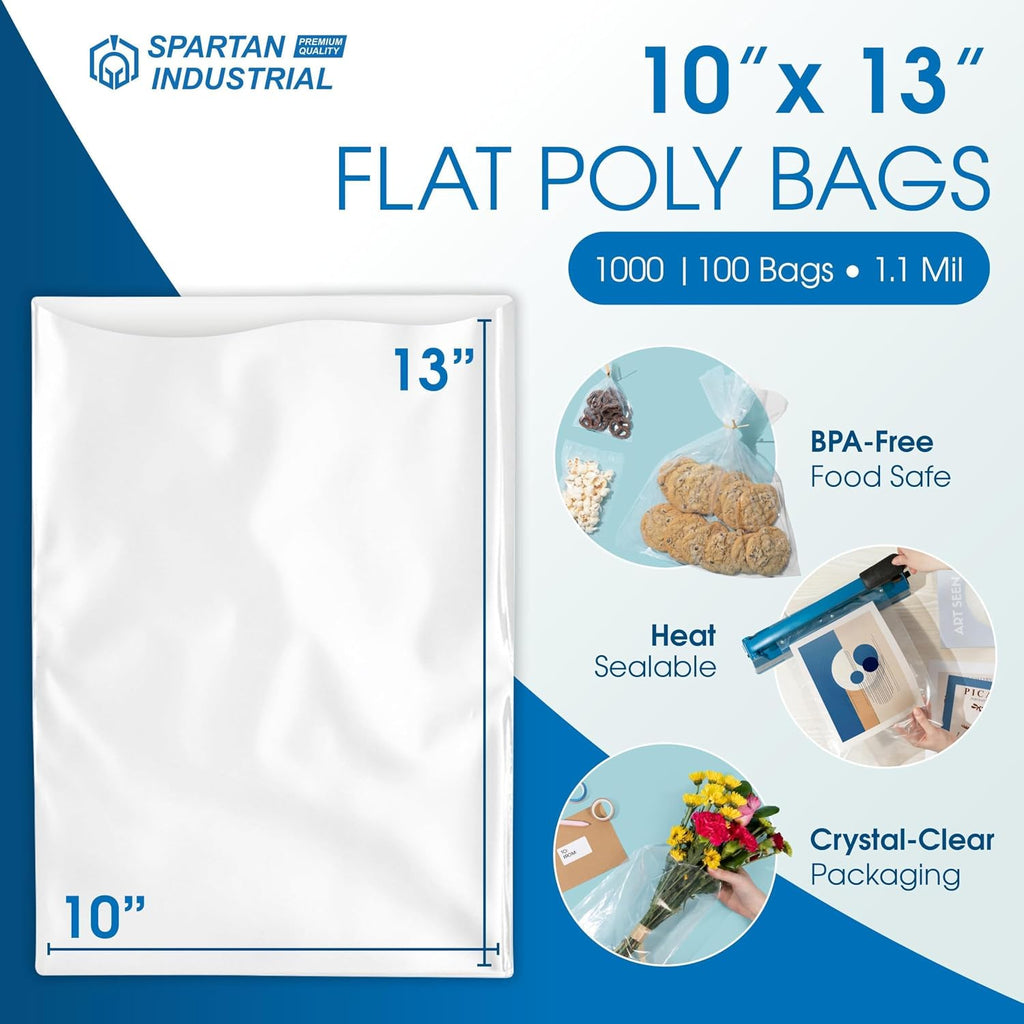 10" X 13" Open-End Flat Poly Bags (1000 Count) - 1.1 Mil Clear Bags