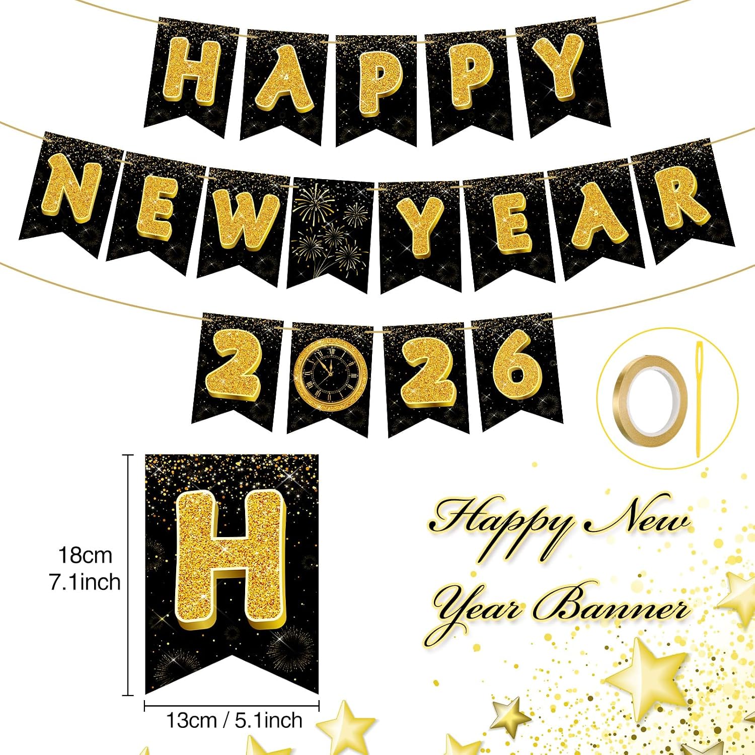 2026 New Years Eve Party Decoration Supplies Happy New Year Banner Gold and Black Hanging Swirls Balloons Cake