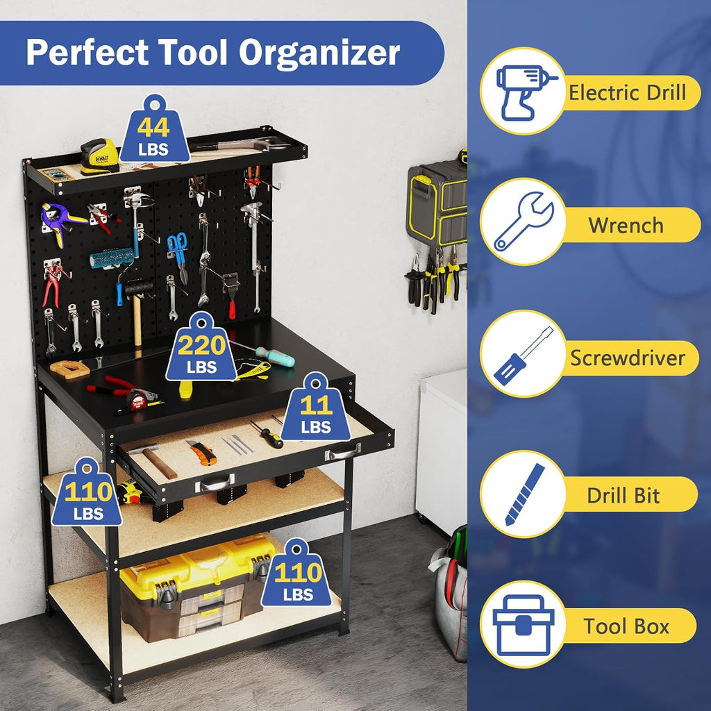 32" Work Bench with Drawer, Pegboard and 19 PCS Hanging Kits, Black | Heavy Duty Garage Work Table, Tool Bench