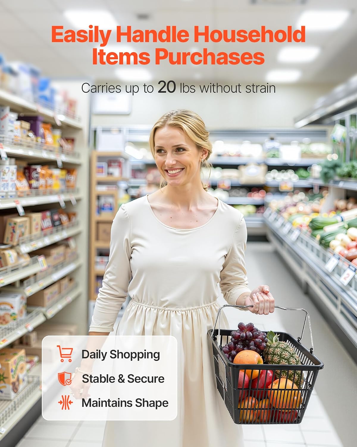 Shopping Baskets, 12 PCS, 21L Stackable PE Plastic Grocery Baskets with Handles, Dense Mesh Structure, Holds up to 20