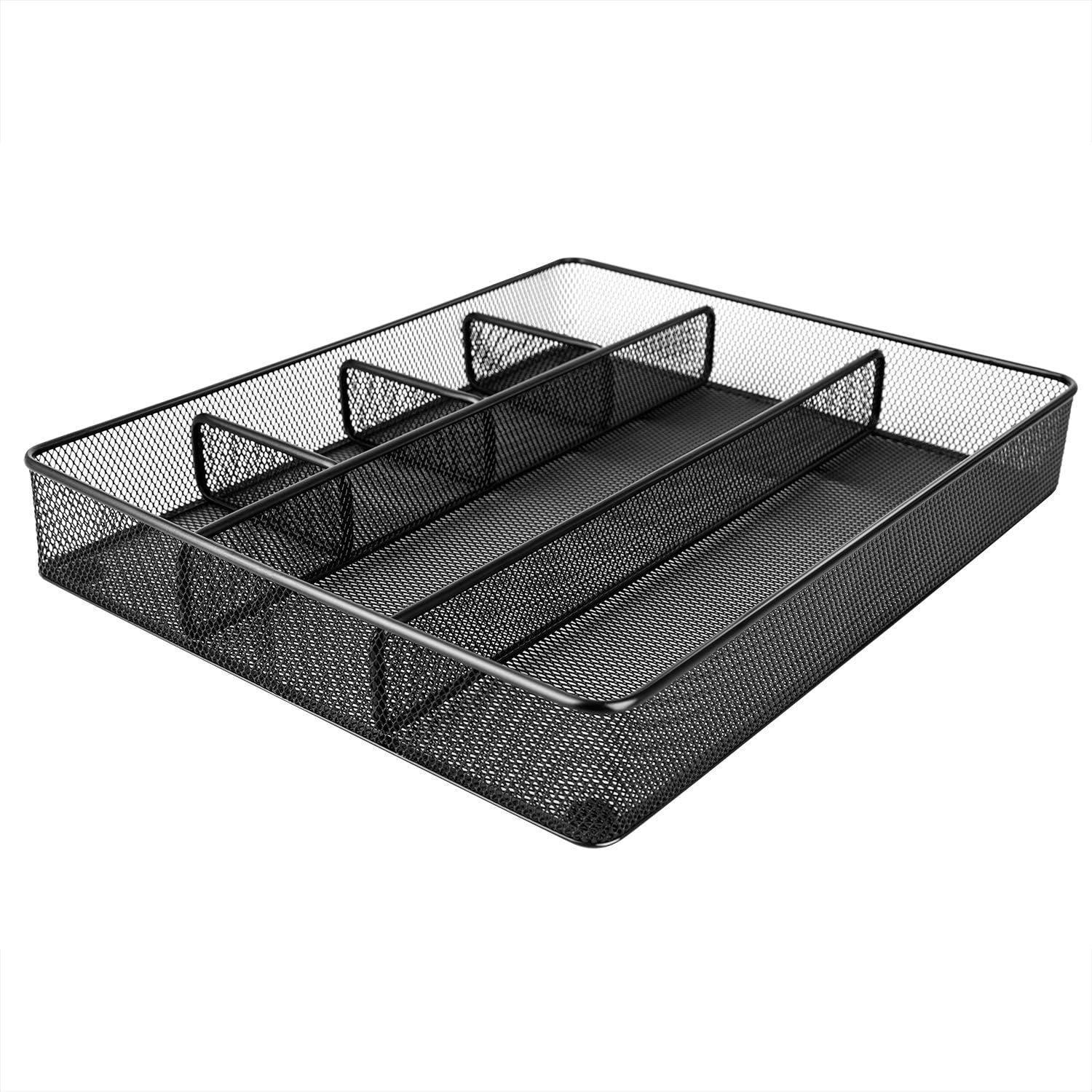 Metal Mesh Desk Organizer with 6 Compartments, Anti-Slip Pen Holder Storage Tray for Office Supplies and Home, Black