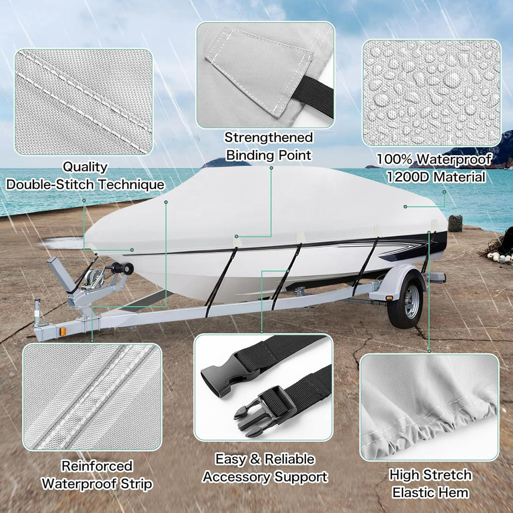 Waterproof 17-19FT Boat Cover, 1200D Heavy Duty Trailerable Cover | Marine Grade Oxford Fabric, UV & Tear Resistant