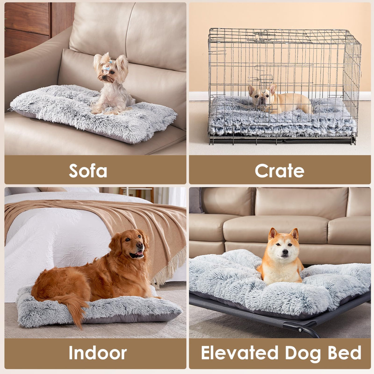 Fluffy Dog Crate Bed for Medium Dogs, Plush Crate Pad, Grey