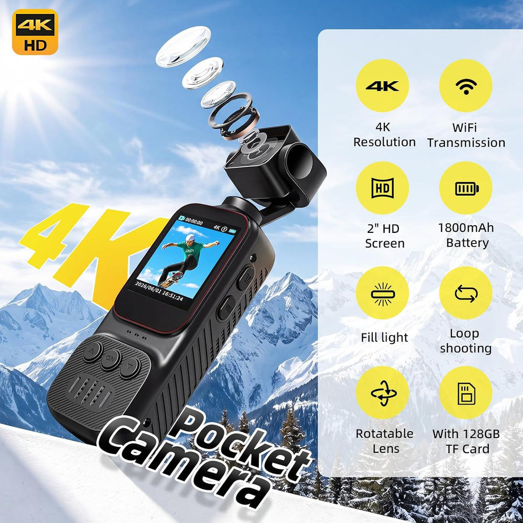 4K HD Pocket Handheld Camcorder, WiFi Enabled Action Camera with 12MP Photos, 170° Wide Angle Lens, 270° Rotating