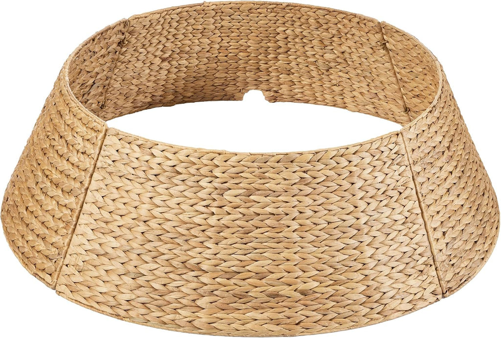 36in Christmas Tree Collar, Woven Hyacinth 3-Piece Holiday Rattan Tree Skirt Accessory for Home w/Cord Cut-Out - Natural