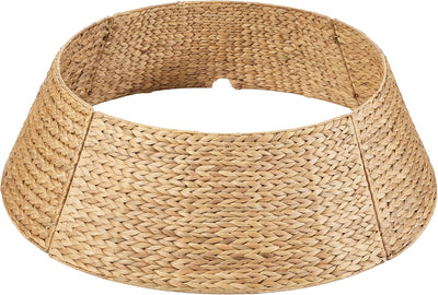 36in Christmas Tree Collar, Woven Hyacinth 3-Piece Holiday Rattan Tree Skirt Accessory for Home w/Cord Cut-Out - Natural