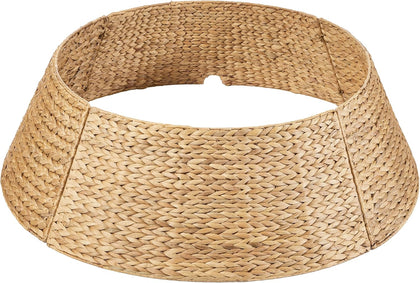 36in Christmas Tree Collar, Woven Hyacinth 3-Piece Holiday Rattan Tree Skirt Accessory for Home w/Cord Cut-Out - Natural