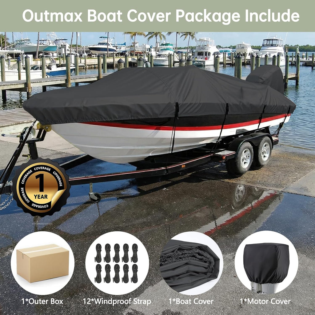 Waterproof 16'-18.5' Boat Cover with Motor Cover, Trailerable Cover | Marine Grade Oxford Fabric, UV & Tear