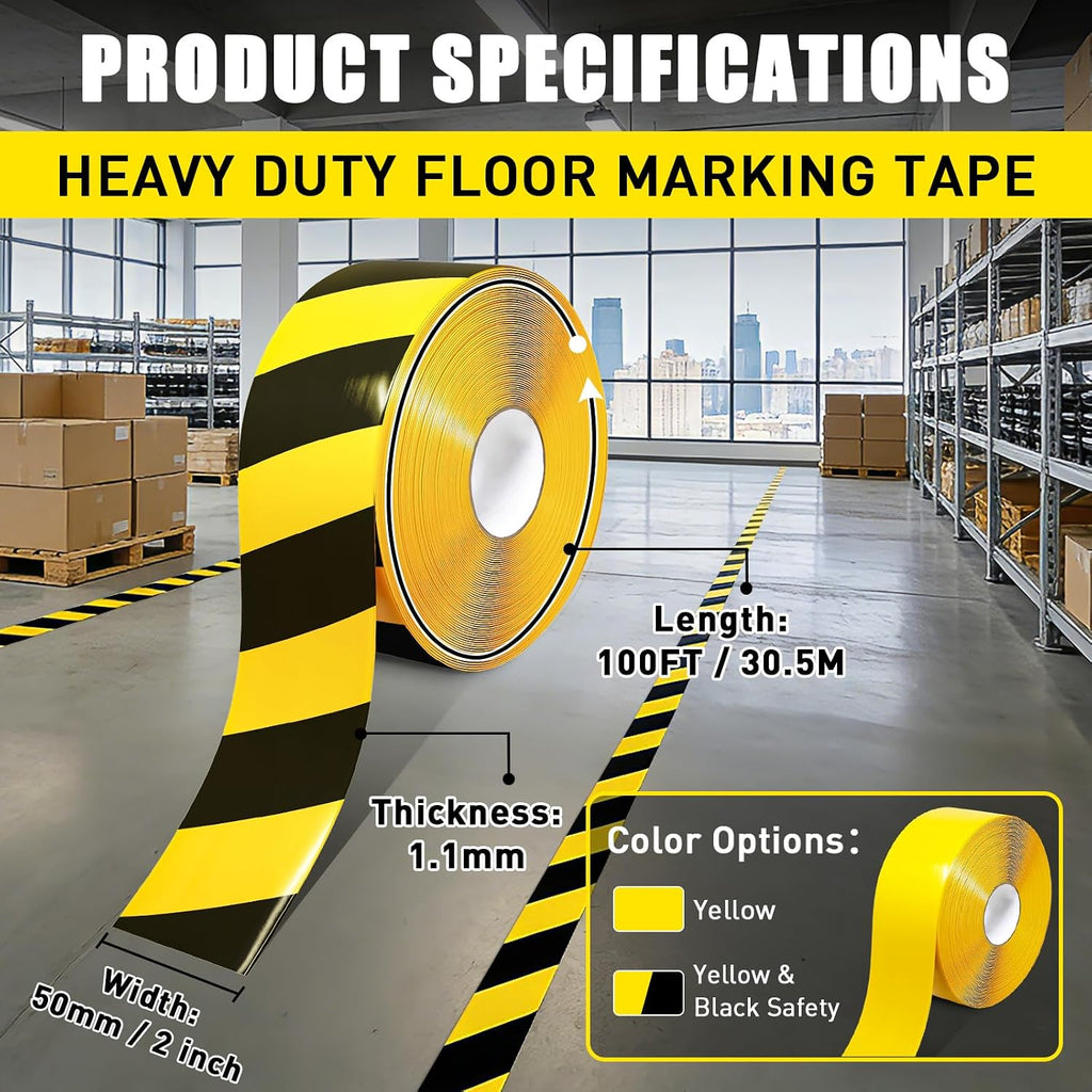 Floor Marking Tape, 1.1mm Extra Thick, Yellow & Black, 2 Inch x 100FT
