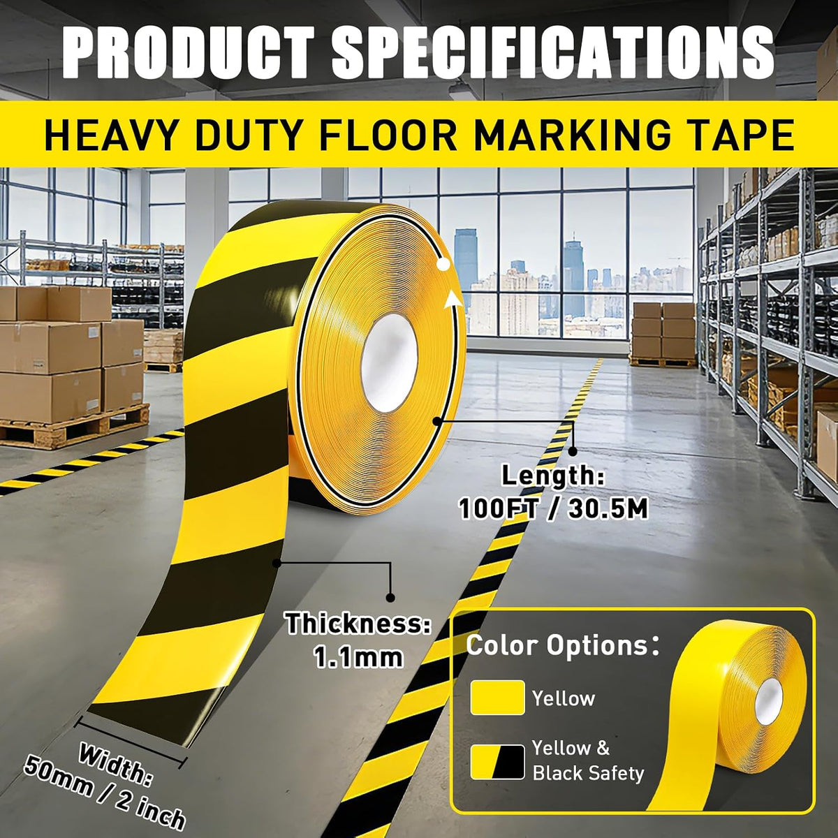 Floor Marking Tape, 1.1mm Extra Thick, Yellow & Black, 2 Inch x 100FT