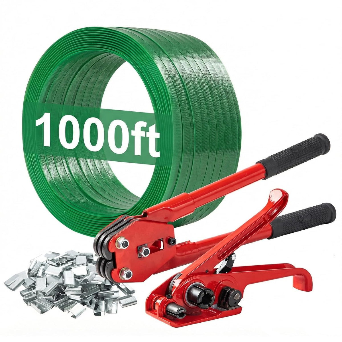 Pallet Banding Strapping Kit, Packaging with Green 5/8" x 1000 Ft PET Strap