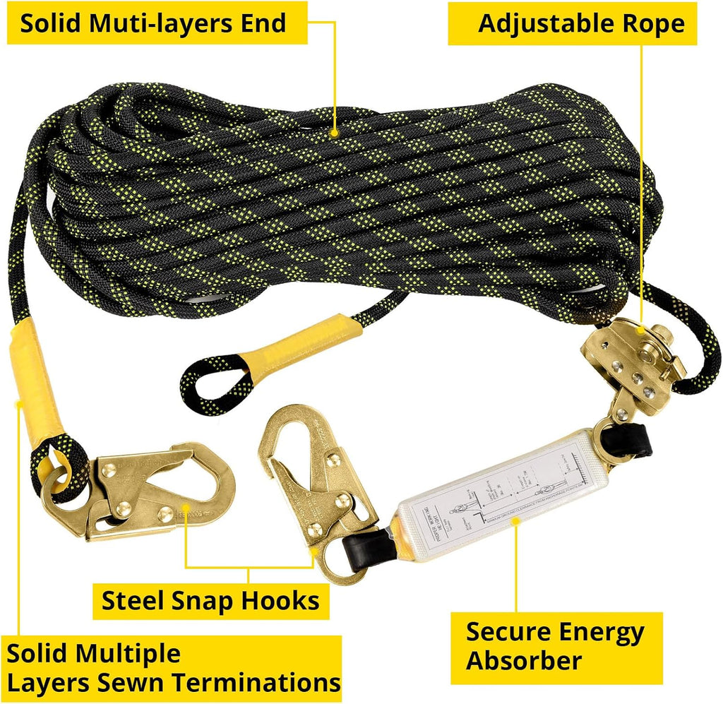 TRSMIMA Rope Harness Safety Lanyard：25ft Roofing Rope Fall Protection | Vertical Safety Harness Rope With Grab Snap