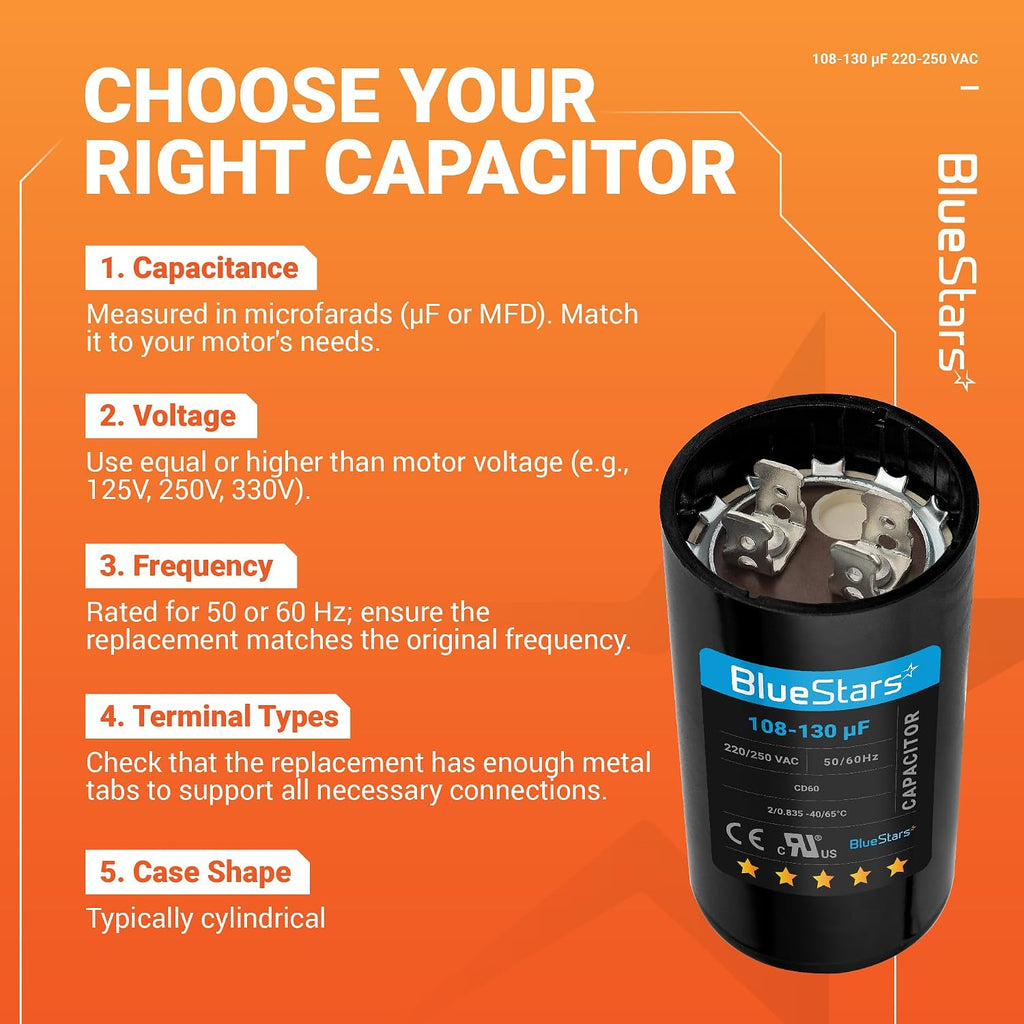 [2025 Upgraded] BlueStars 108-130 uF MFD 220-250 VAC Motor Start Capacitor