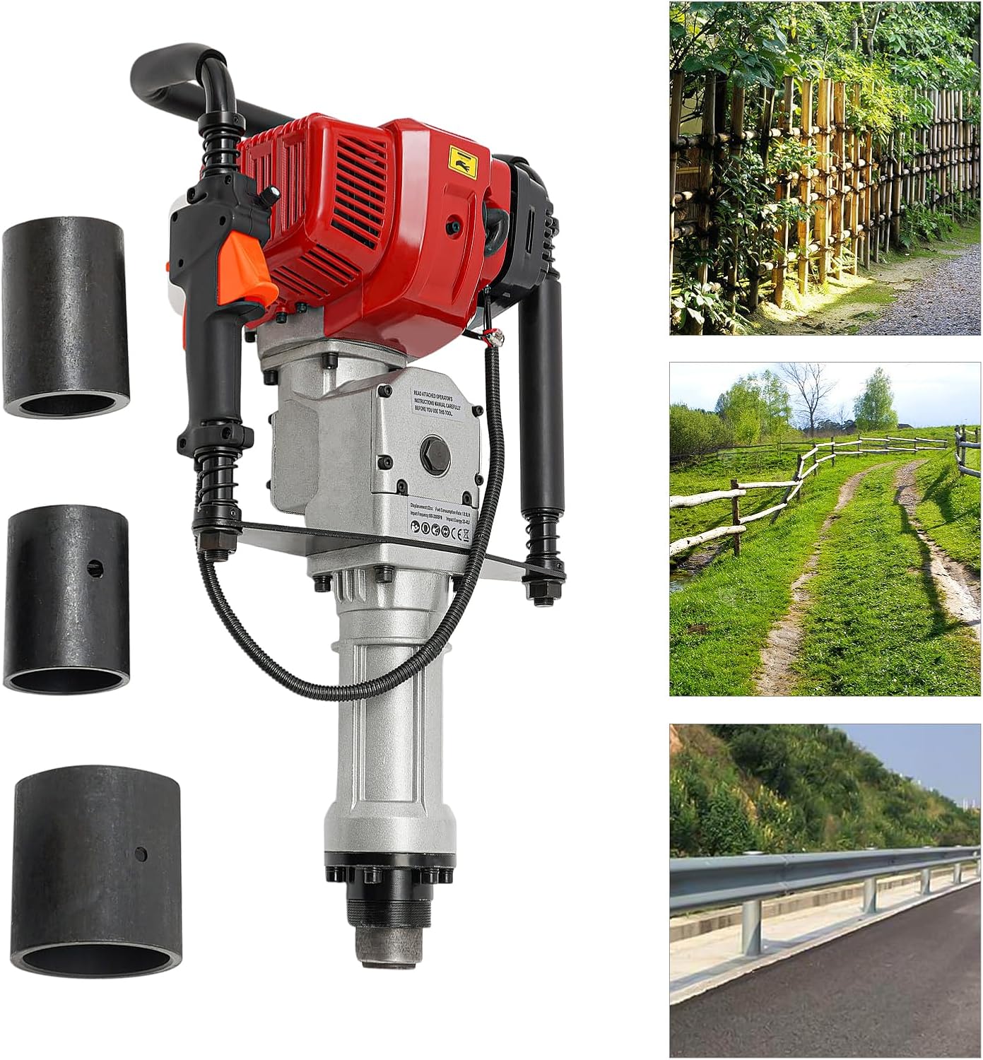 52CC Gas-Powered T-Post Driver with 2.55HP 2-Stroke Engine, Air-Cooled Petrol Piledriver, 1300-3000 BPM, Includes 3