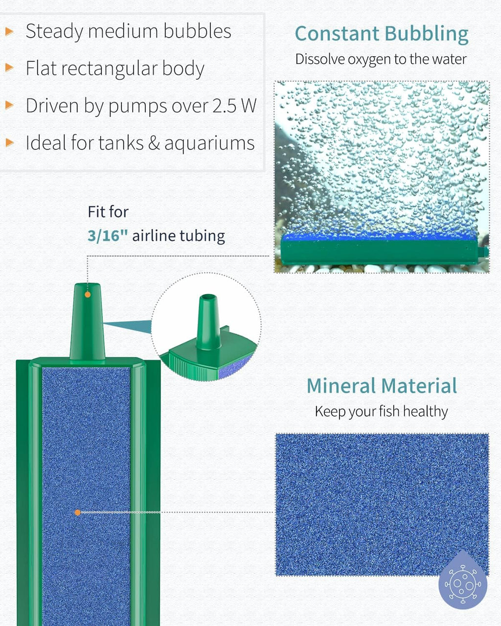 Aquarium Air Stone Bar Bubbler 4 Inch, Fish Tank Bubbler Stone with Plastic Base Square Oxygen Diffuser for Nano Air
