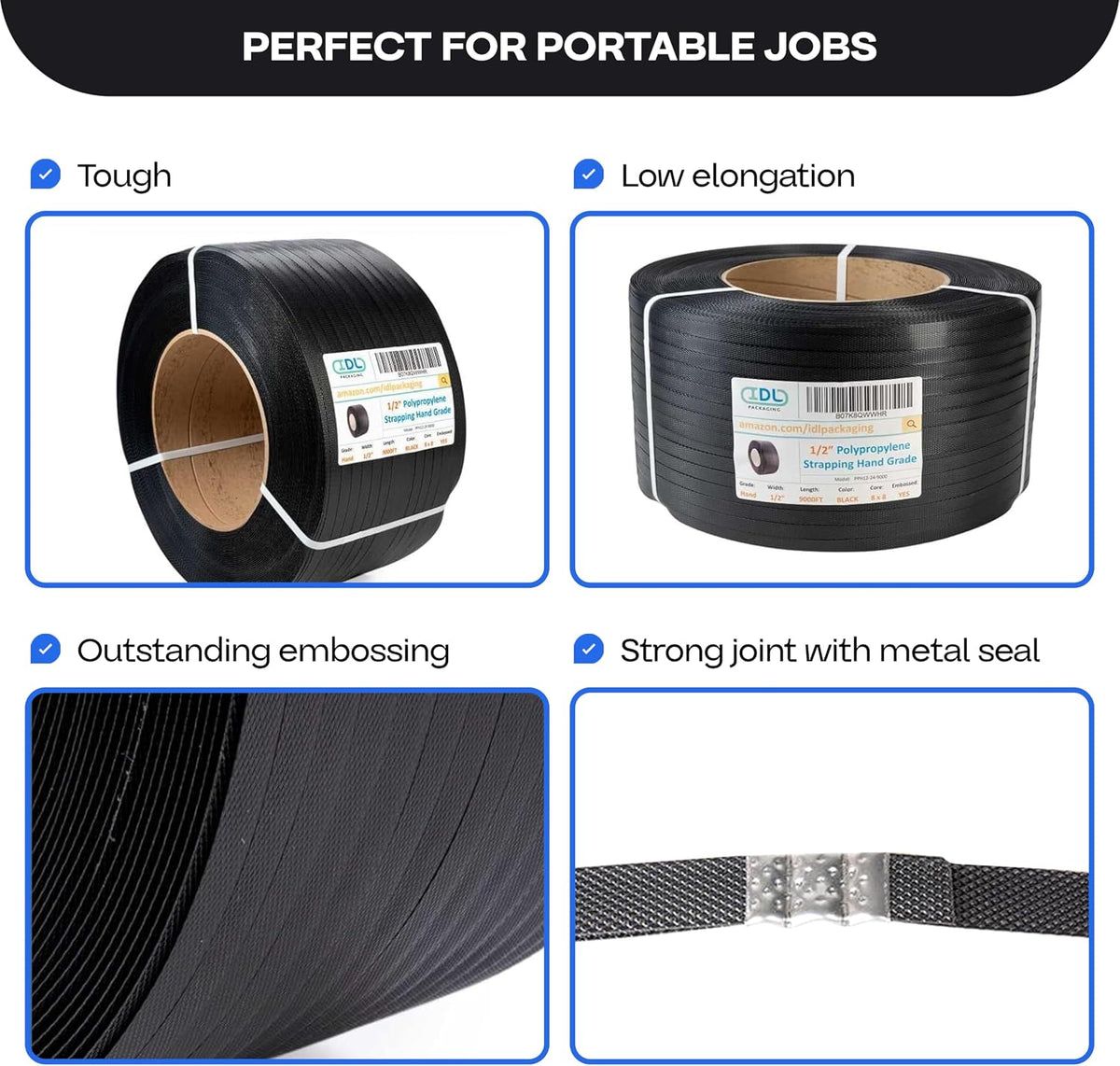 1/2" x 9000' Polypropylene (PP) Strapping Roll, USA-Made