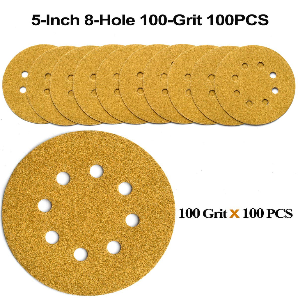 5-Inch 8-Hole Hook and Loop Sanding Discs 100-Grit, 100-Pack