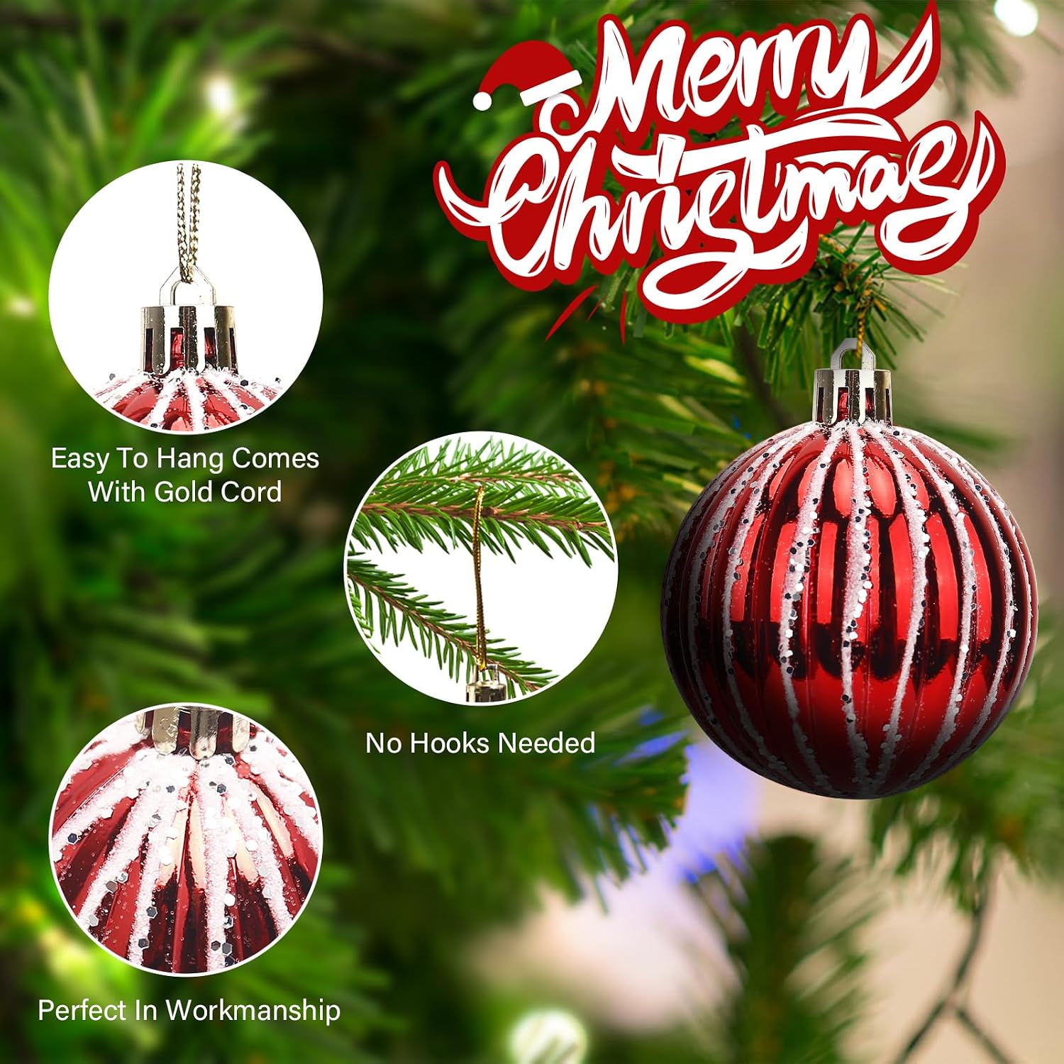 Christmas Ornaments Set-44 Pcs Shatterproof Christmas Balls Set with Hanging Rope for Xmas Tree Decor Holiday Wedding