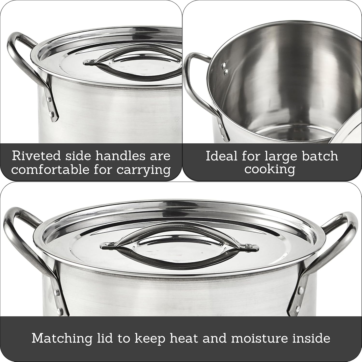 USA Stainless Steel Stock Pot with Lid 12-Quart, Silver | Mirror-Polished Finish, Riveted Side Handles with Lid