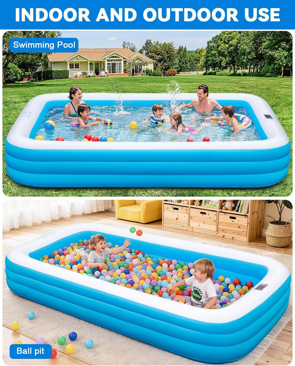 Large Inflatable Pool for Adults,130" x 72" x 22" Thickened Blow Up Pool with Lights & Pump, 7 Color Changed Durable