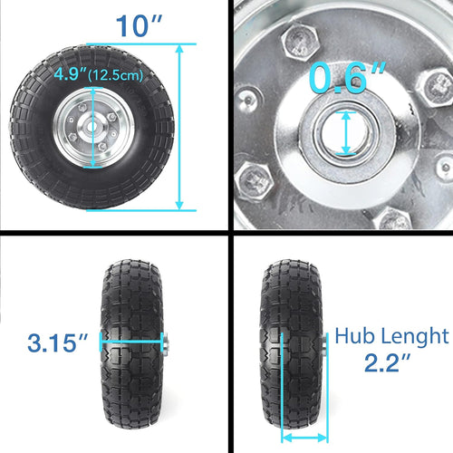 (4-Pack) 10-Inch Solid Rubber Tire Wheels - Replacement 4.10/3.50-4" Flat Free Tire with 5/8" Bearings, 2.2" Offset