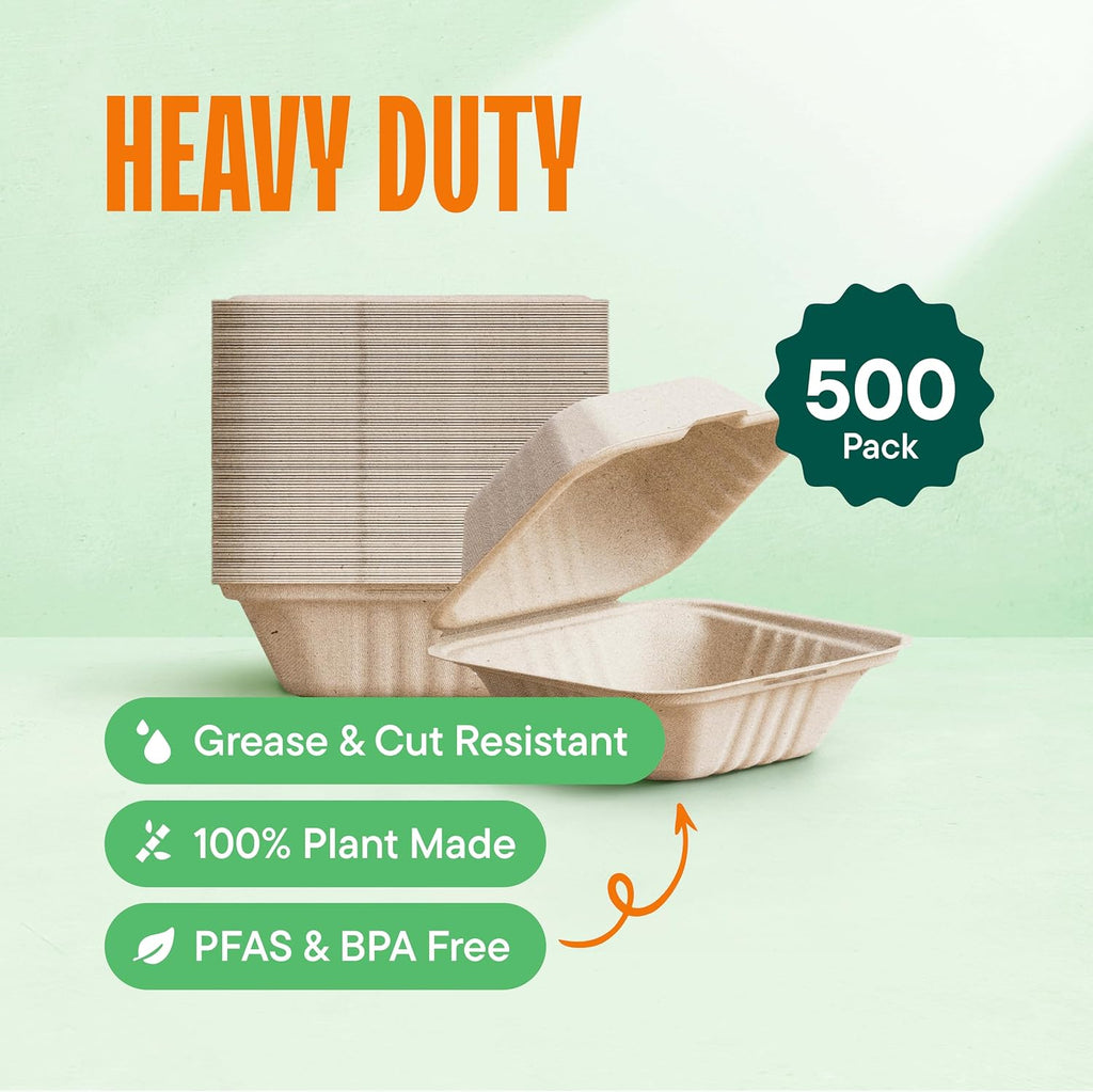 100% Compostable Clamshell Take Out Containers - 6x6 [500-Pack] Heavy Duty