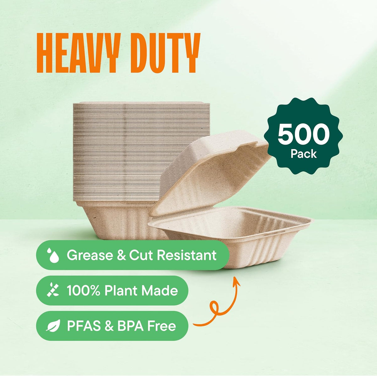 100% Compostable Clamshell Take Out Containers - 6x6 [500-Pack] Heavy Duty